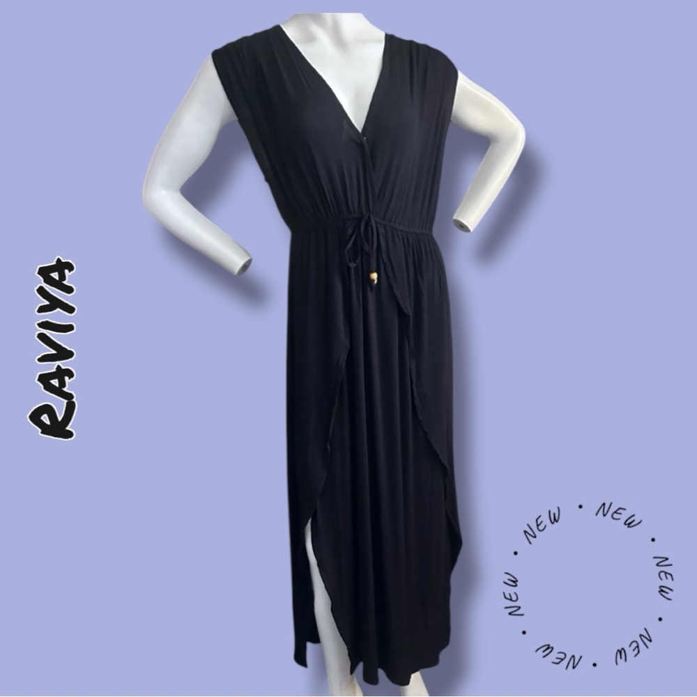 Raviya Cover-Up Maxi Dress V-Neck Front-Slits Black Size Small NWT